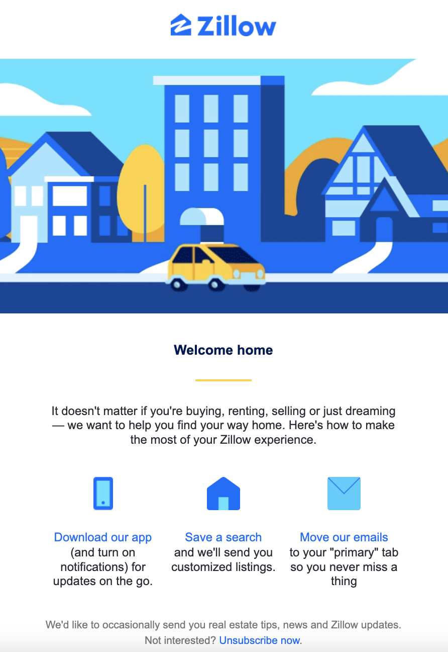 Zillow welcome email for new customer example