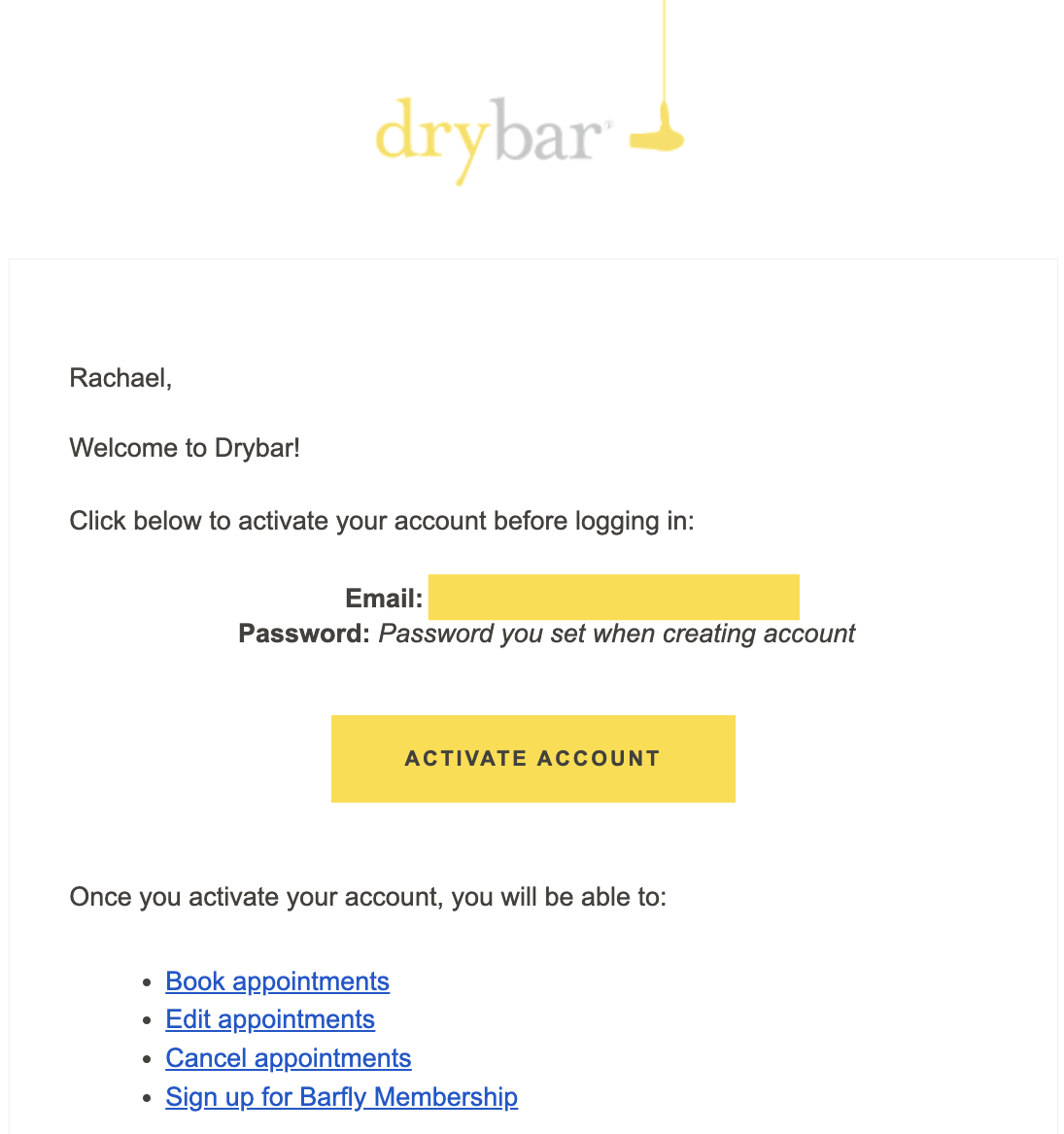 Drybar customer service welcome email