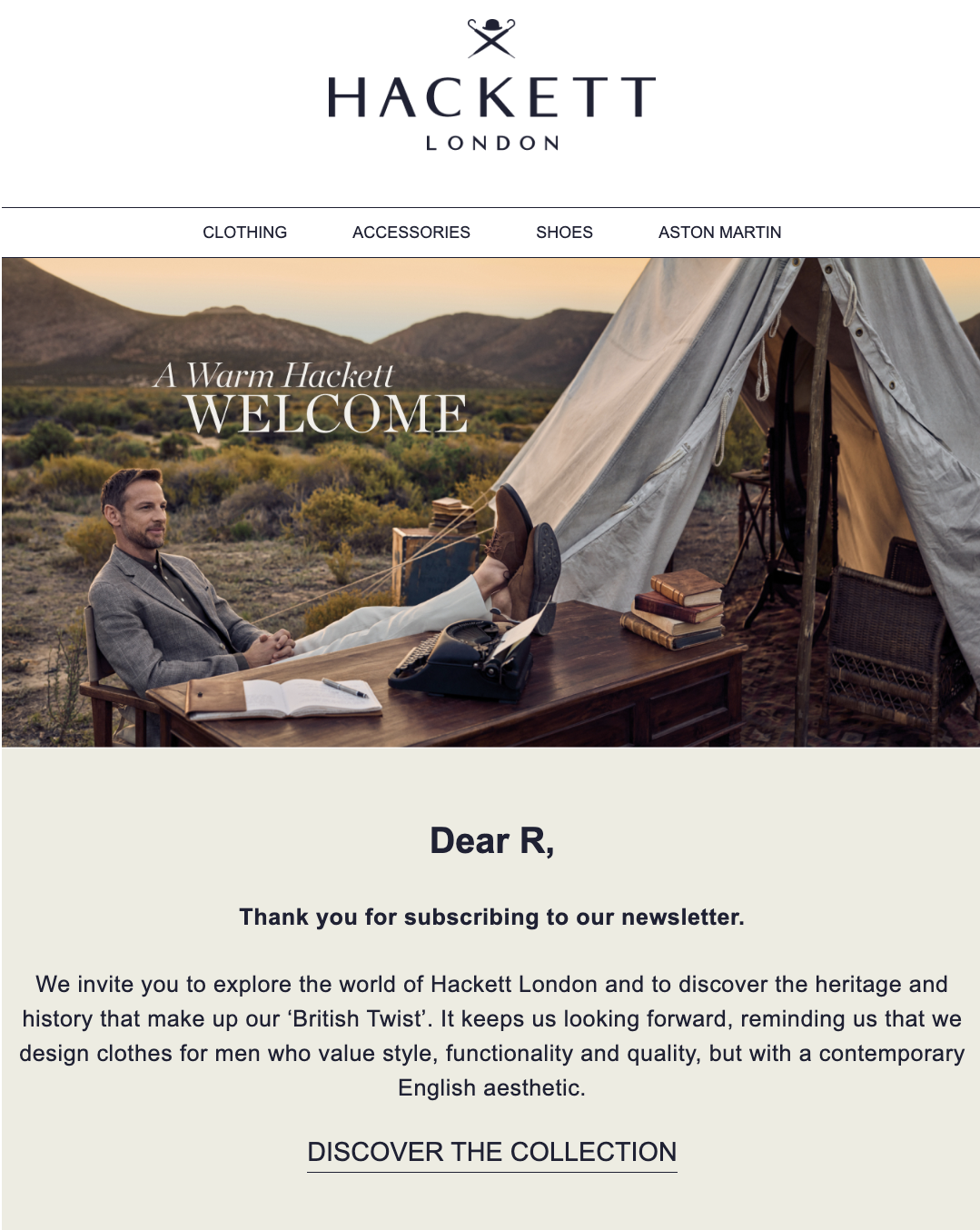 hackett london welcome email example